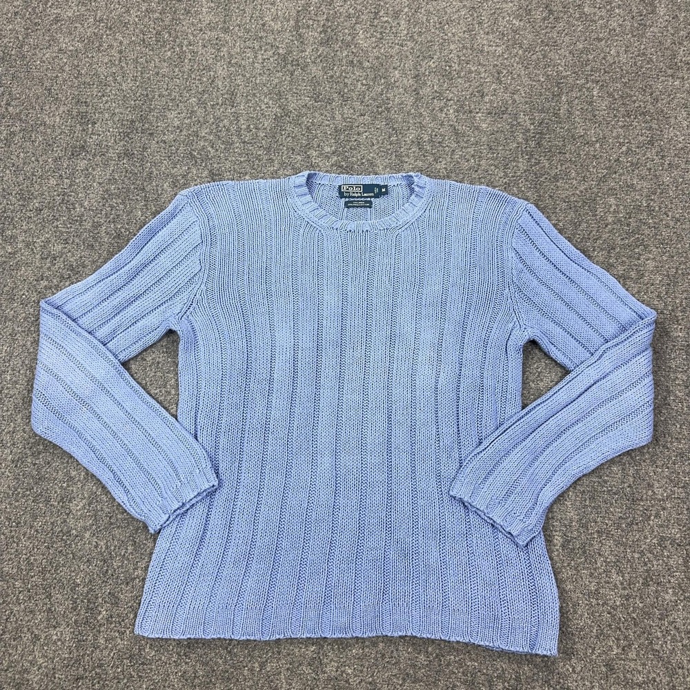 VTG Polo By Ralph Lauren Sweater Womens Medium Blue Crewneck Linen Cotton Knit